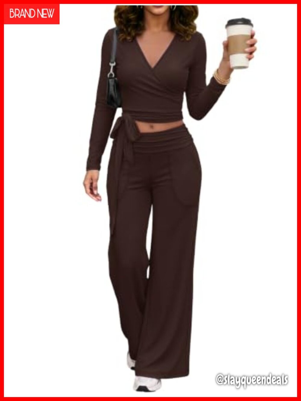 Two Piece Workout Set Long Sleeve Crop Top Wide Leg Pants